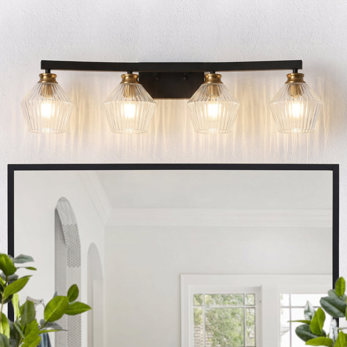 3-Light & 4-Light  Black Bathroom Vanity Light with Ribbed Glass
