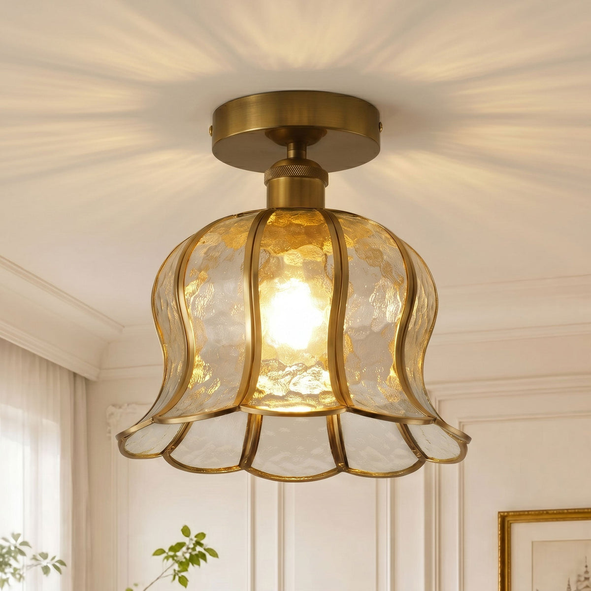 1-Light Green / Gold Semi Flush Mount Light Bedroom Glass Ceiling Light