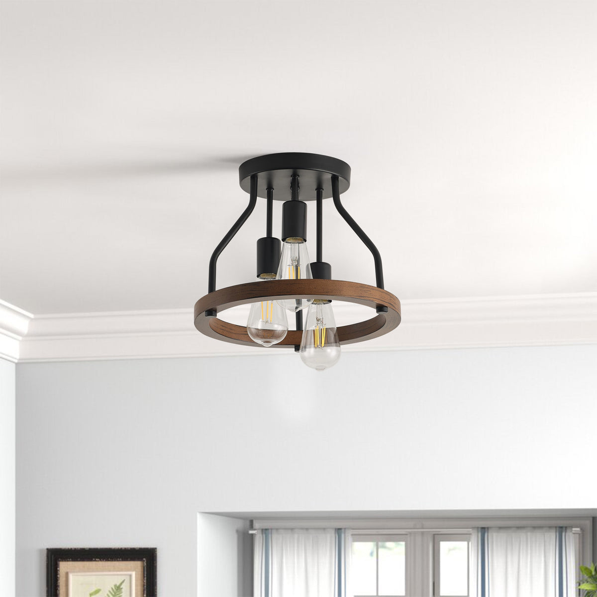 3-Lights  Skeletonized Metal Frame Semi-Flush Mount Lighting