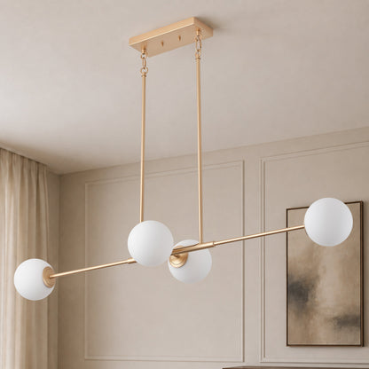 4-Light Gold Linear Chandelier with Opal Glass Globes for Dining Table