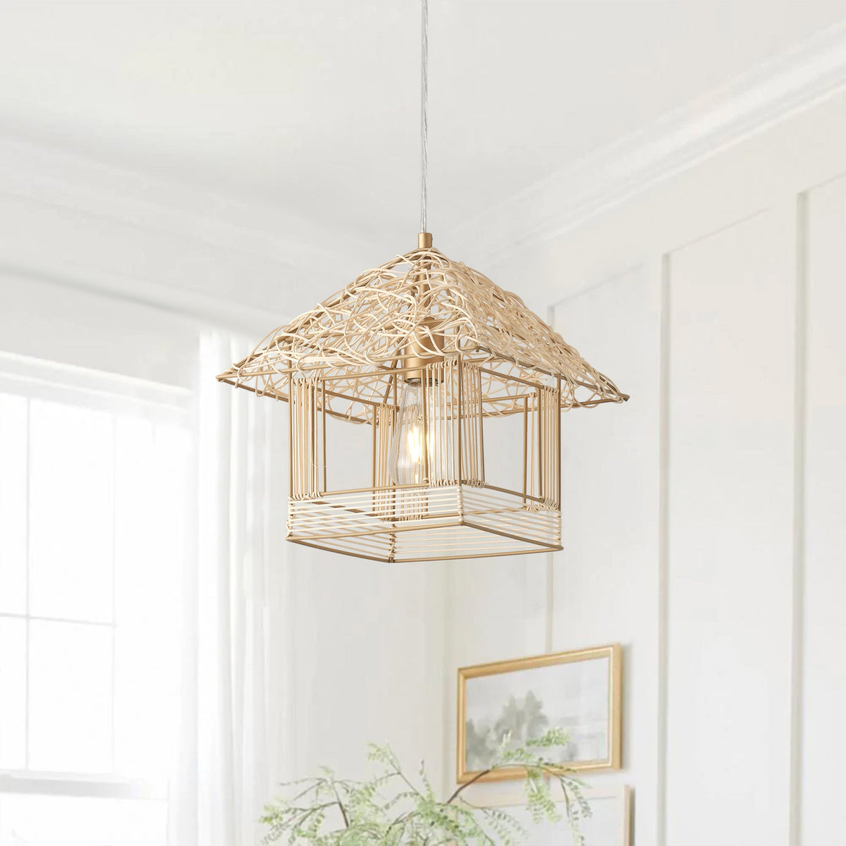 1-Light House Shape Lampshade Openwork Design Pendant Lighting