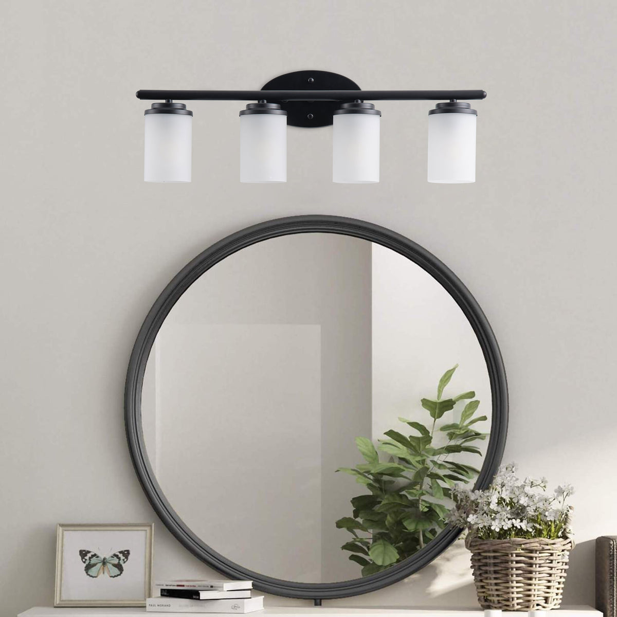 4-Light Vanity Light Over Mirror with White Cylinder Glass Shade