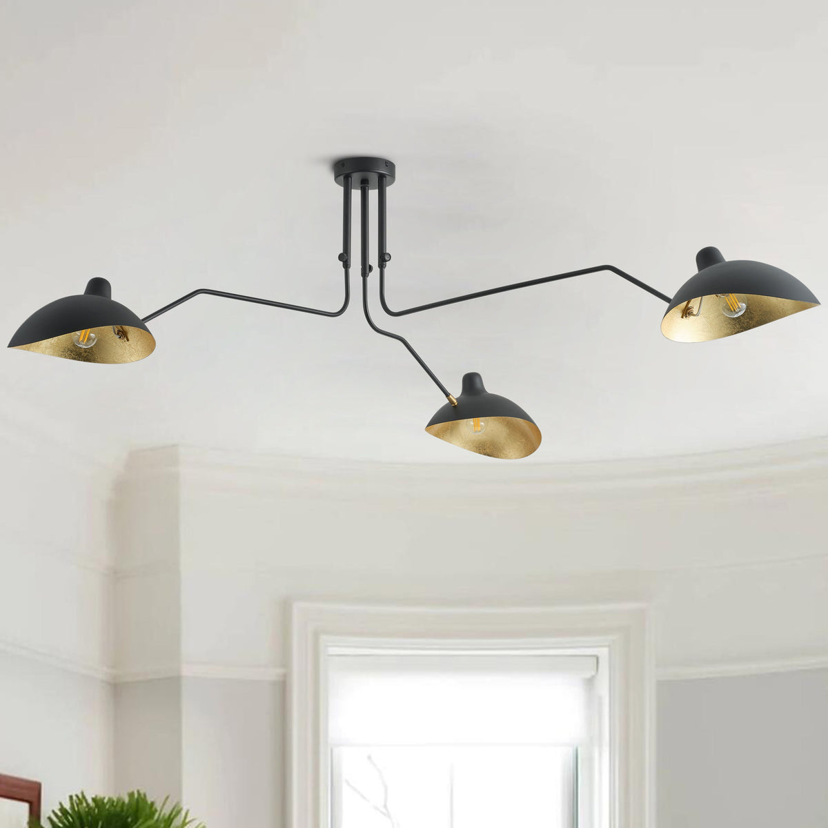3-Lights Black Rounded Shade Semi-Flush Mount Lighting