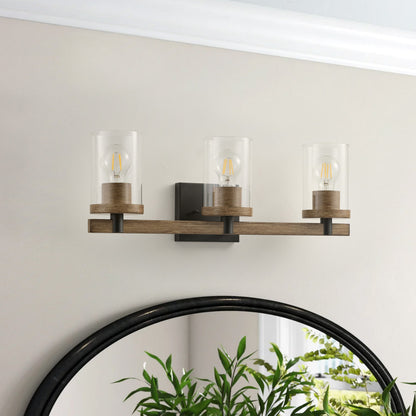 3-Lights Pine Wood Grain Color Frame with Clear Glass Shade Bathroom Vanity Lighting