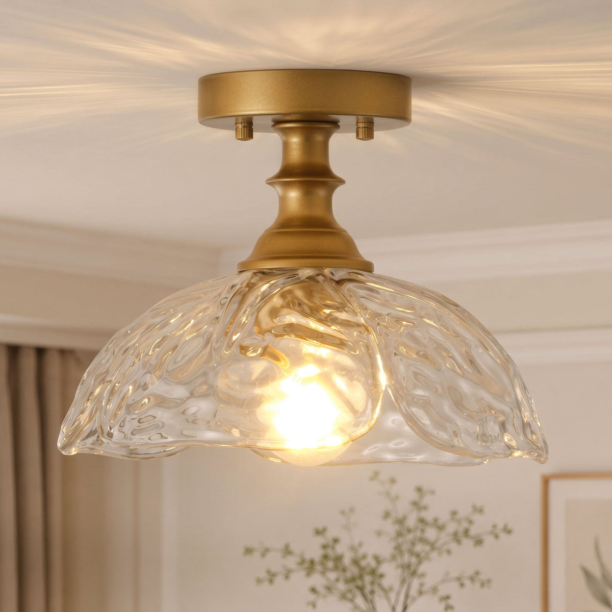1-Light Gold Petal Glass Semi Flush Mount Light