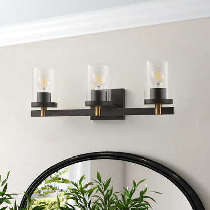 3-Lights Pine Wood Grain Color Frame with Clear Glass Shade Bathroom Vanity Lighting