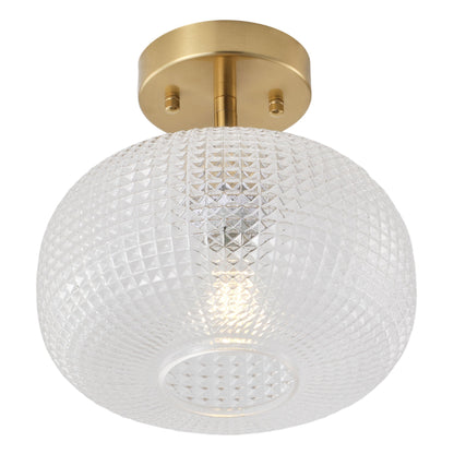 1-Light Brass Semi Flush Mount Ceiling Light Textured Glass Shade