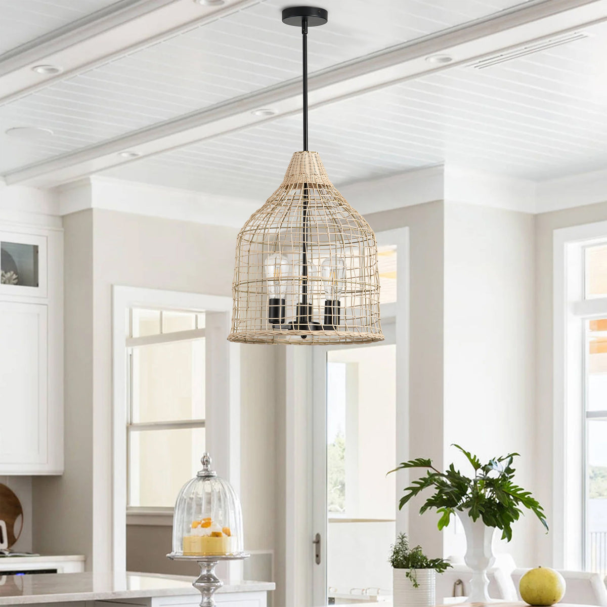 3-Lights Beige Rattan Hollow Out Design Pendant Lighting