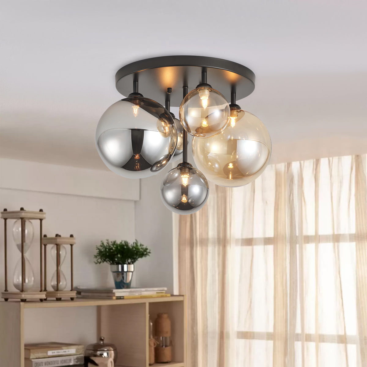 5-Lights Spherical Glass Shades of Various Sizes Flush Mount Lighting