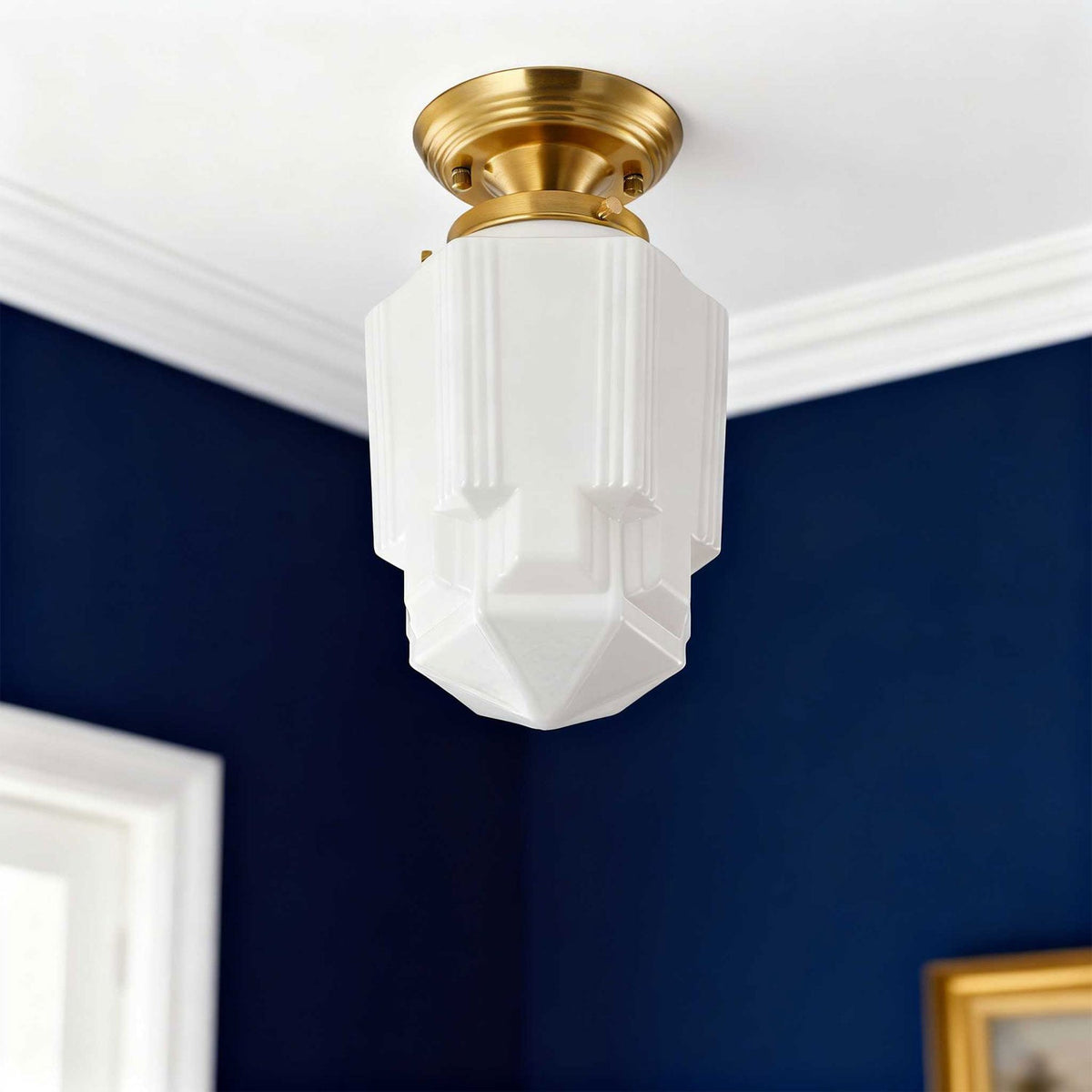 1 Light Semi Flush Mount Ceiling Light Opal Glass Brass