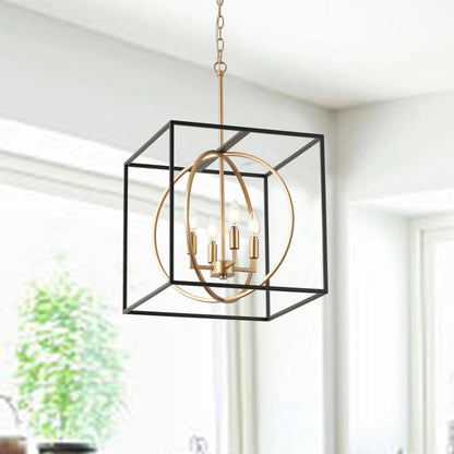 4-Light Farmhouse Pendant Chandelier with Cube Frame
