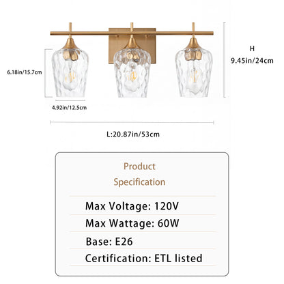 3-Light Bathroom Vanity Light Glass Shade Brass Finish