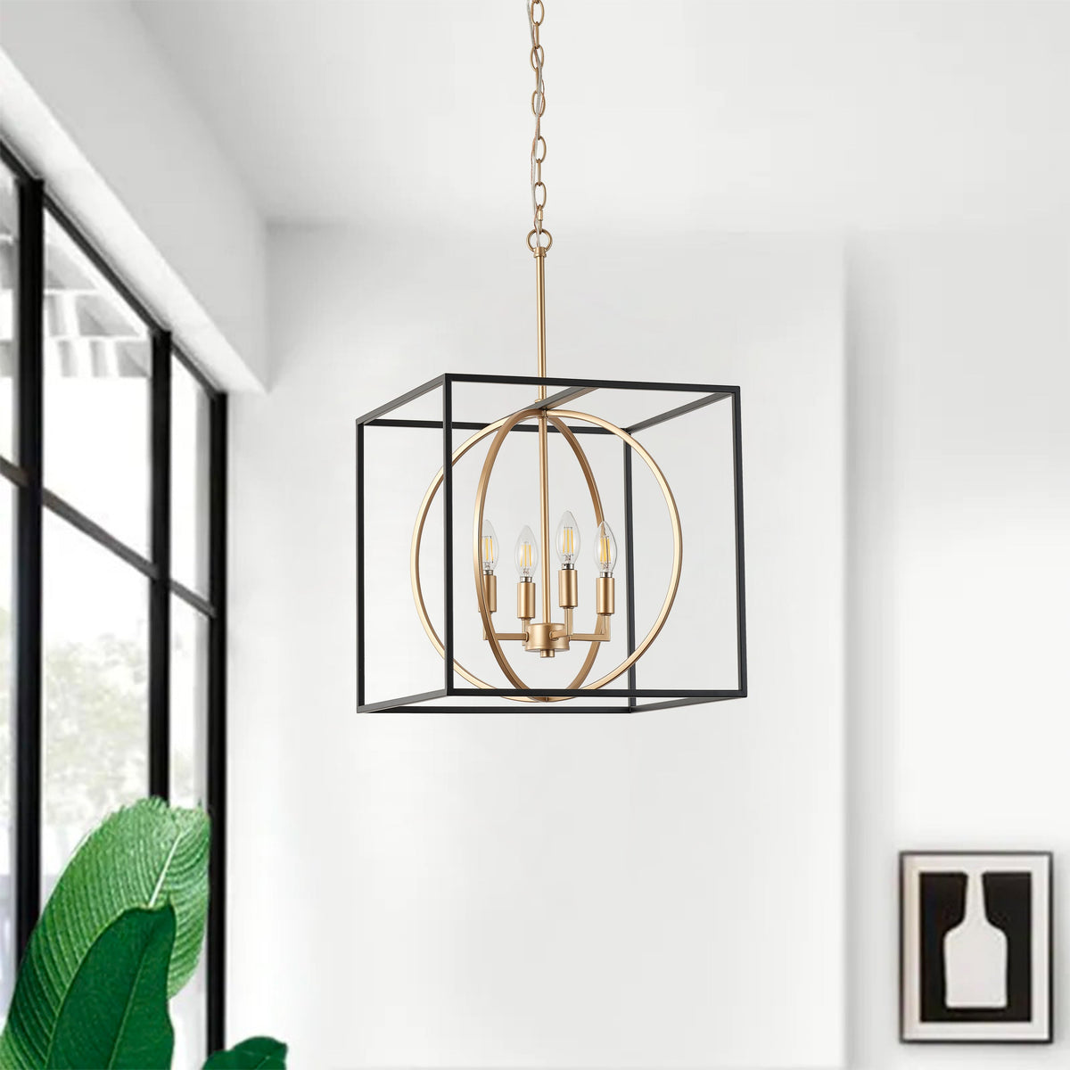 4-Light Farmhouse Pendant Chandelier with Cube Frame