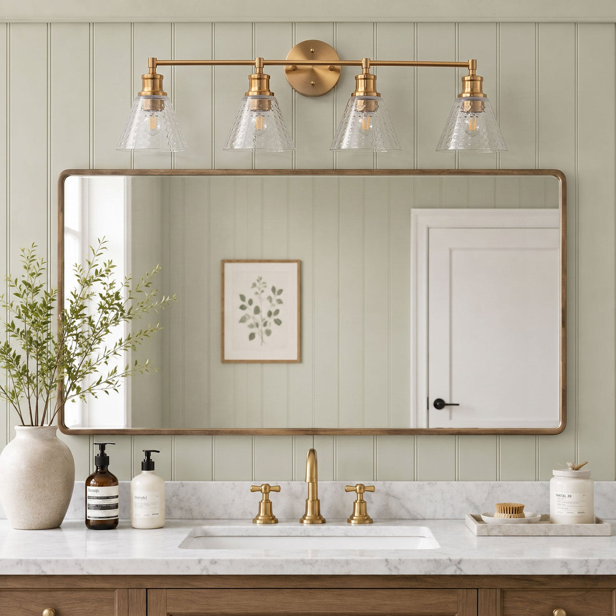 3-Lights & 4-Lights Antique Brass Glass Bathroom Vanity Light