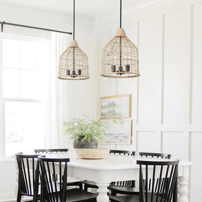 3-Lights Beige Rattan Hollow Out Design Pendant Lighting