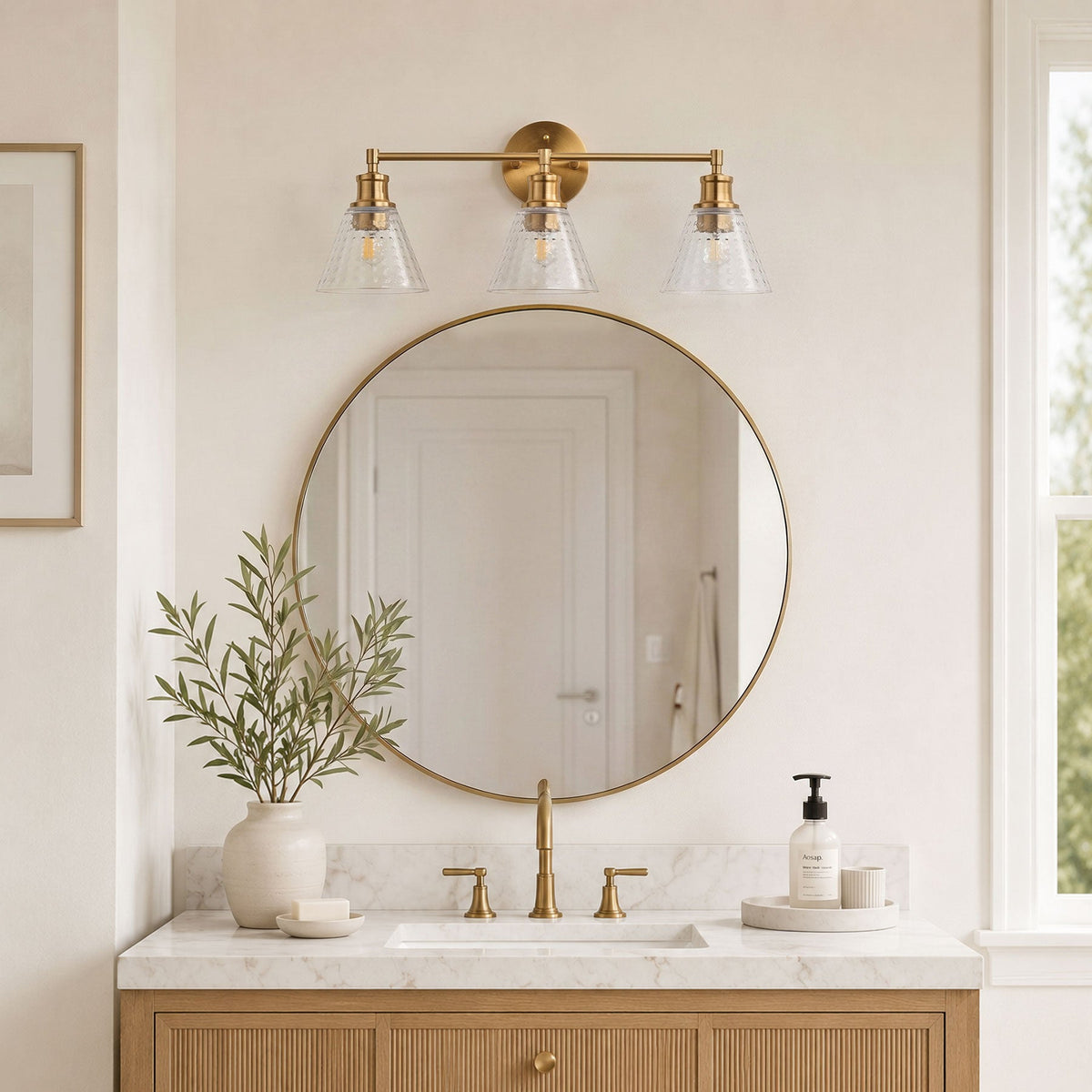 3-Lights & 4-Lights Antique Brass Glass Bathroom Vanity Light