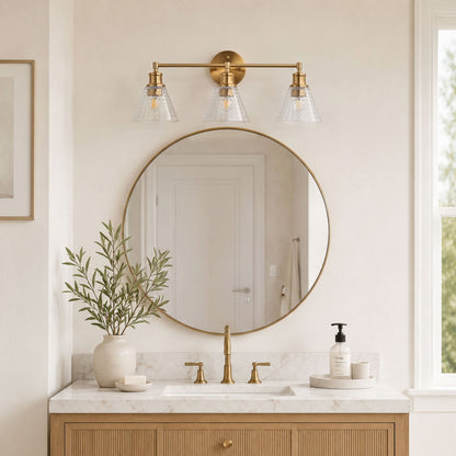 3-Lights & 4-Lights Antique Brass Glass Bathroom Vanity Light