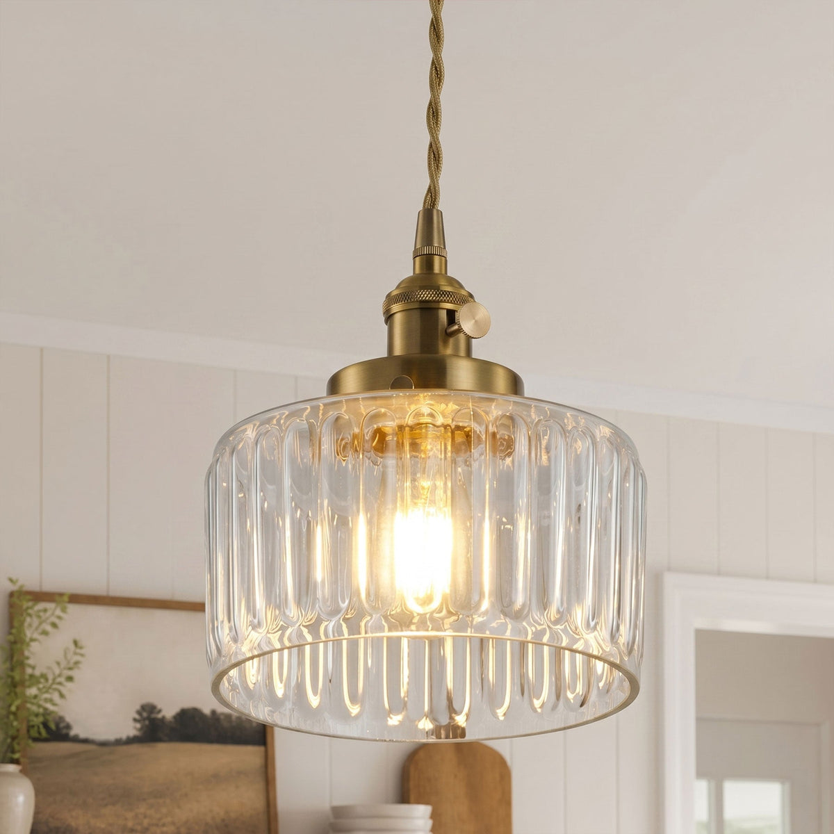 1-Light Clear Ribbed Glass Shade Adds Texture Pendant Light