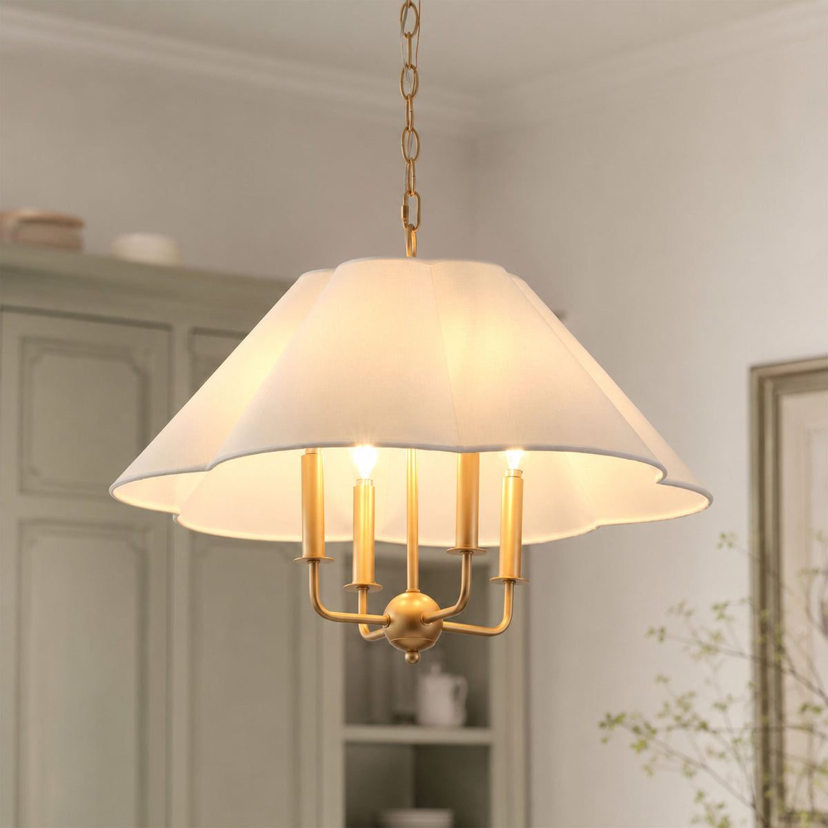 4-Light Gold Chandelier with White Fabric Shade