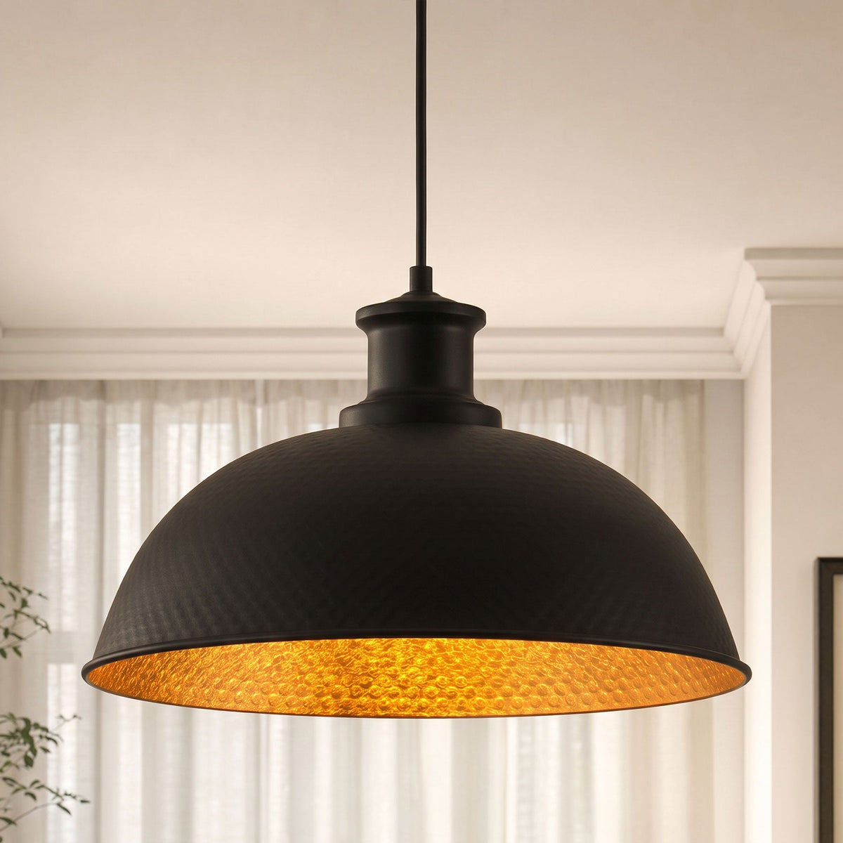 1-Light Black Exterior Gold Interior Bowl Pendant Light