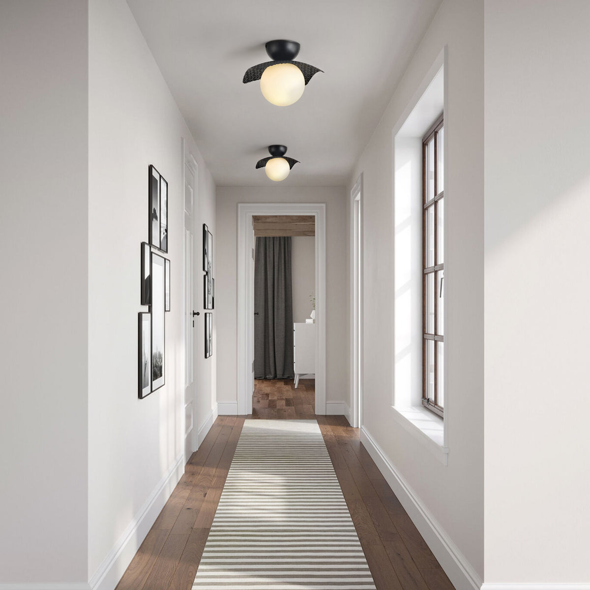 1-Light Black Globe Shade Semi-Flush Mount Lighting