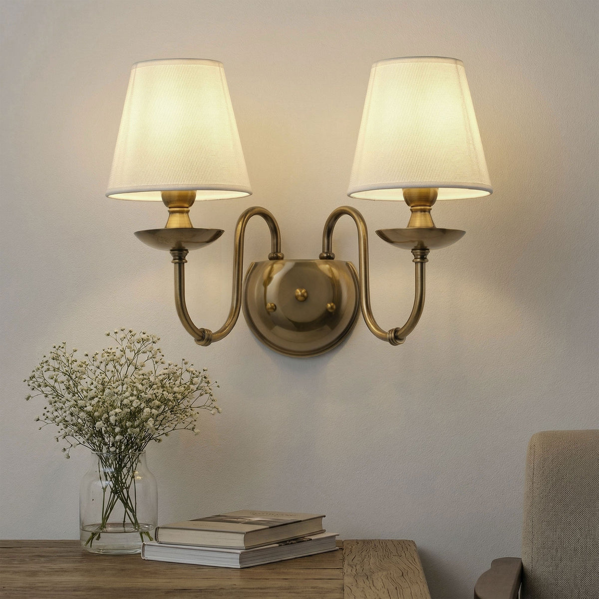 2 Light Vintage Wall Sconce With White Fabric Shade