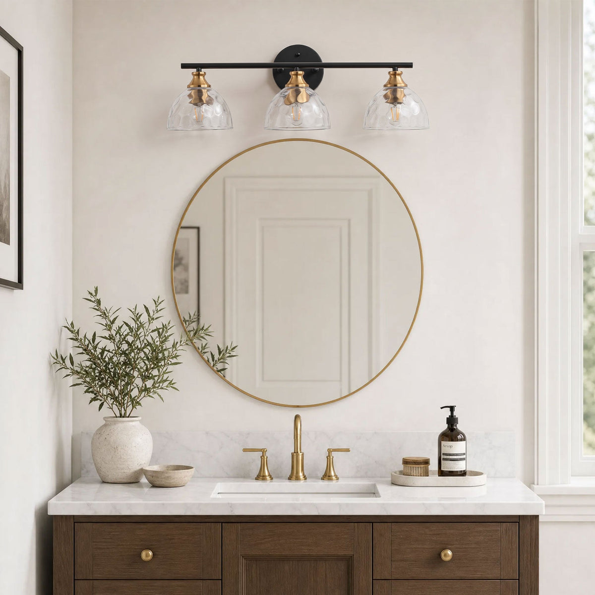 3-Light Matte Black Vanity Light with Textured Glass Shades