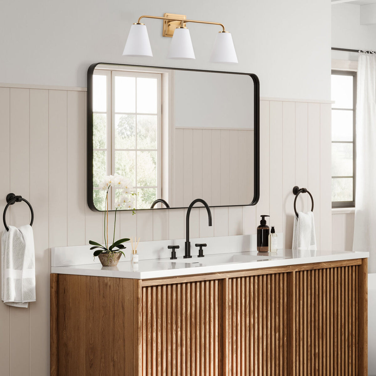 3-Light White Jade Acid Wash Flared Shade Bathroom Vanity Lighting