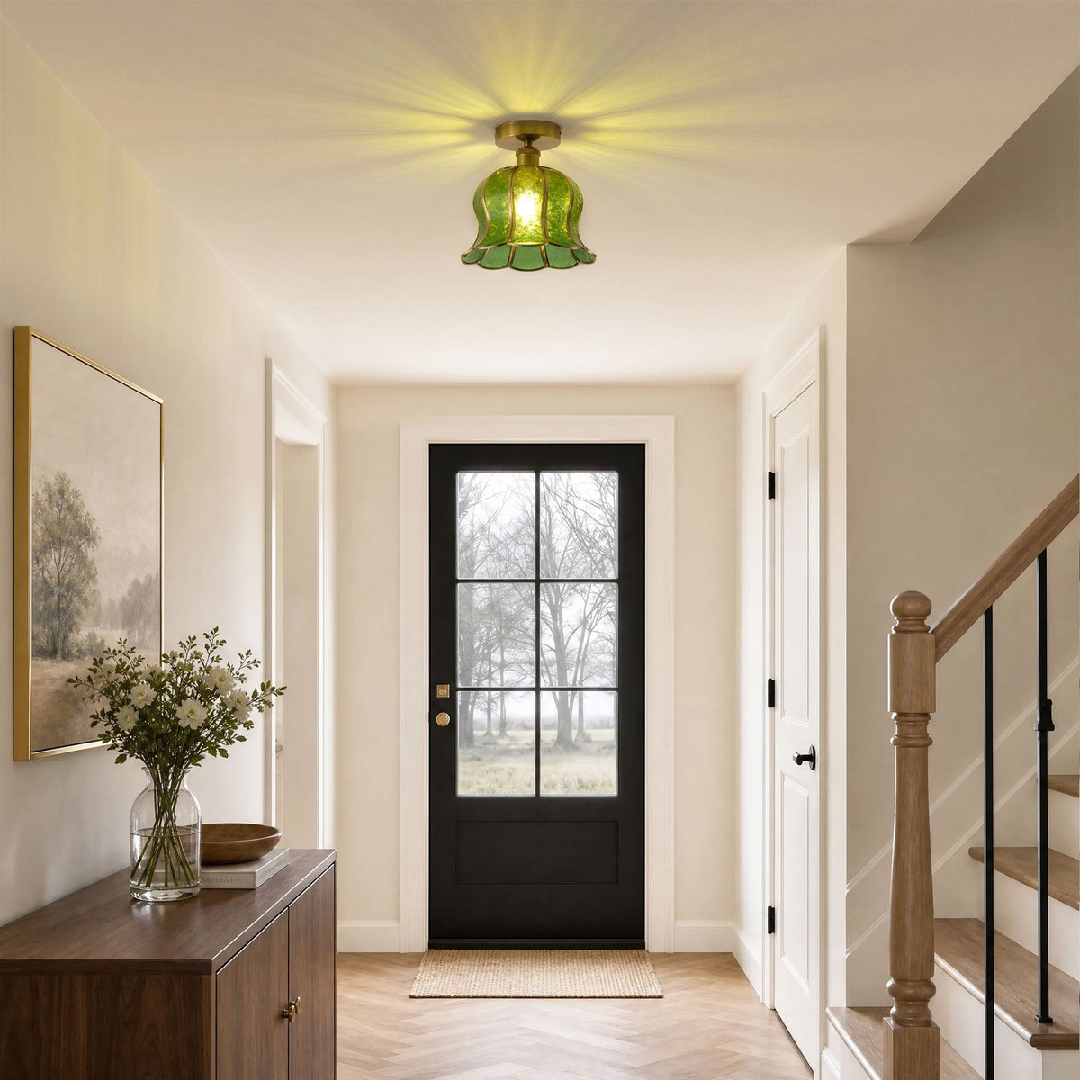 1-Light Green / Gold Semi Flush Mount Light Bedroom Glass Ceiling Light