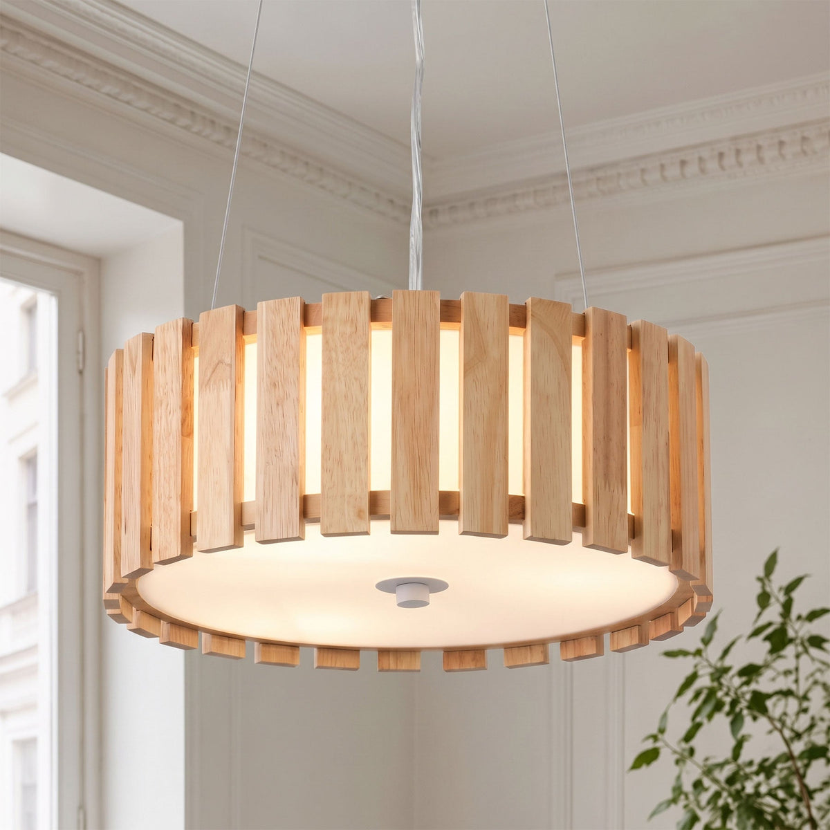 3-Light Wood Farmhouse Pendant Light with White Diffuser