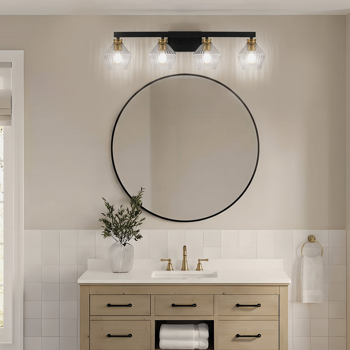 3-Light & 4-Light  Black Bathroom Vanity Light with Ribbed Glass