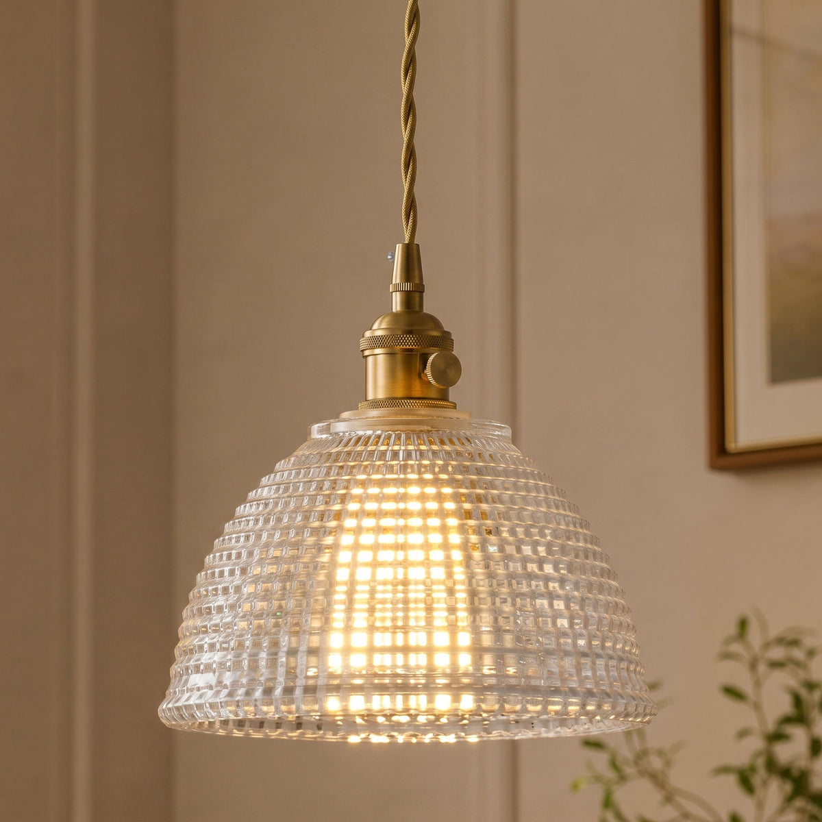 1-Light Clear Grid Glass Hanging Light for Kitchen Island