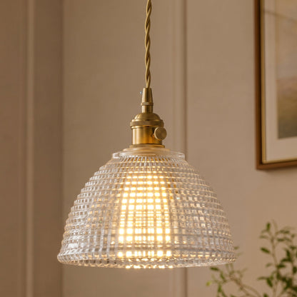 1-Light Clear Grid Glass Hanging Light for Kitchen Island