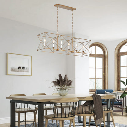 6-Lights Gold Skeletonized Square Metal Frame Kitchen Island Lights