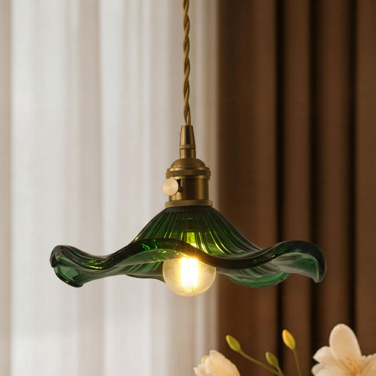 1-Light Green Glass Shade Wavy Flower Shape Pendant Light