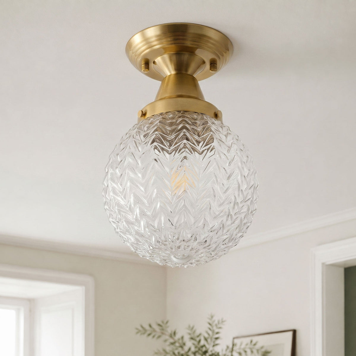 1-Light Clear Textured Glass  Semi Flush Mount Light