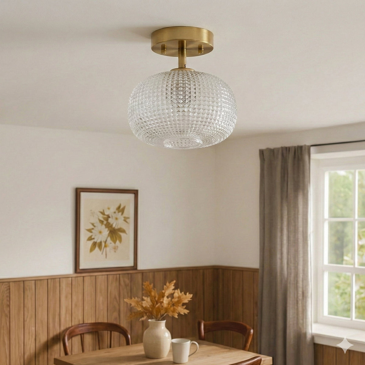 1-Light Brass Semi Flush Mount Ceiling Light Textured Glass Shade