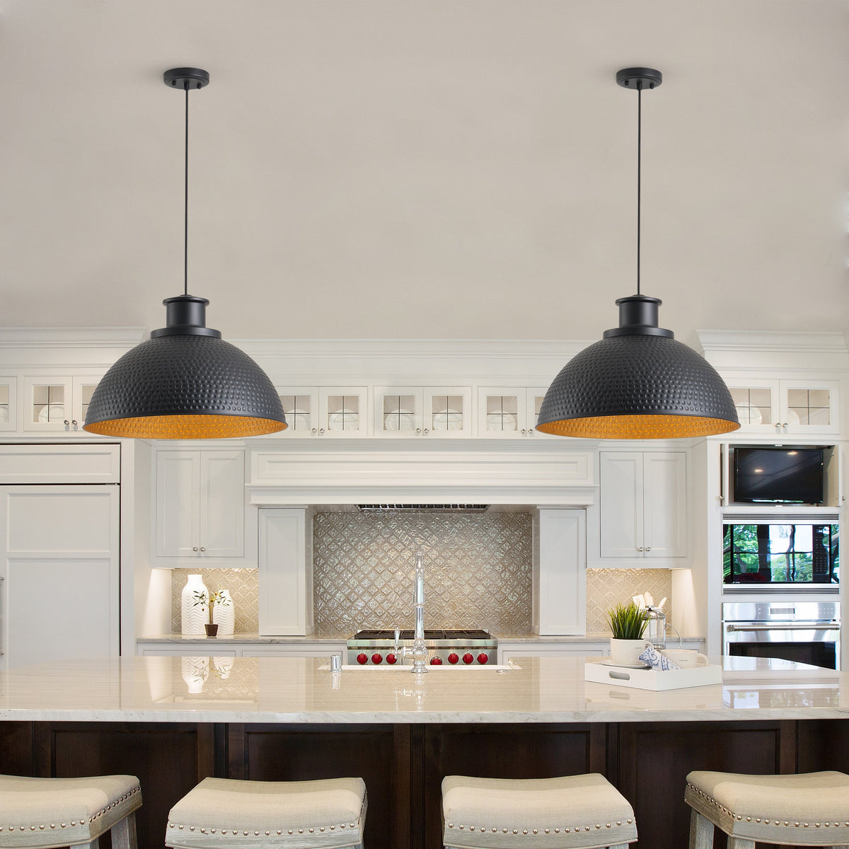 1-Light Black Exterior Gold Interior Bowl Pendant Light