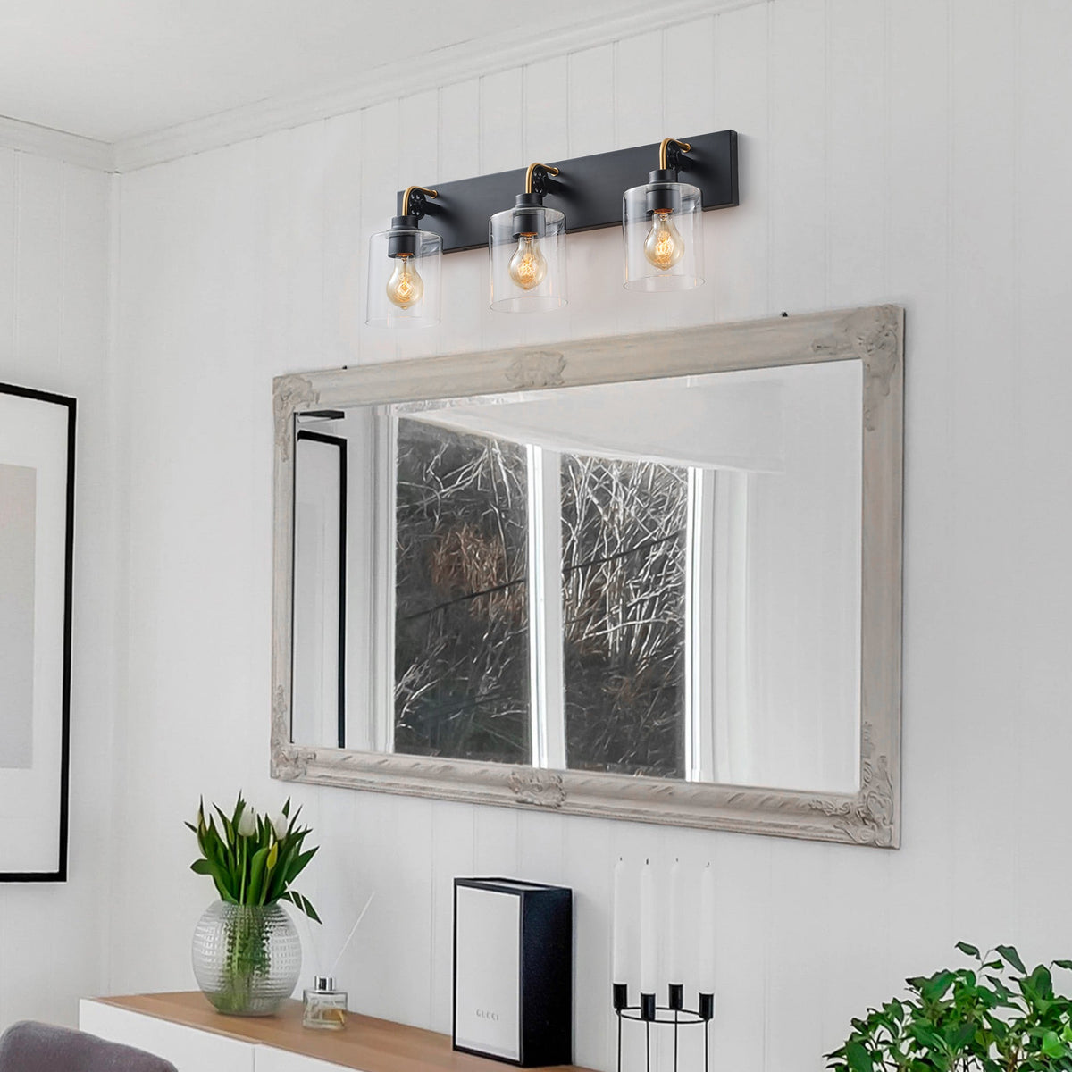 3-Lights Glass Shade Black Classic Bathroom Vanity Lighting
