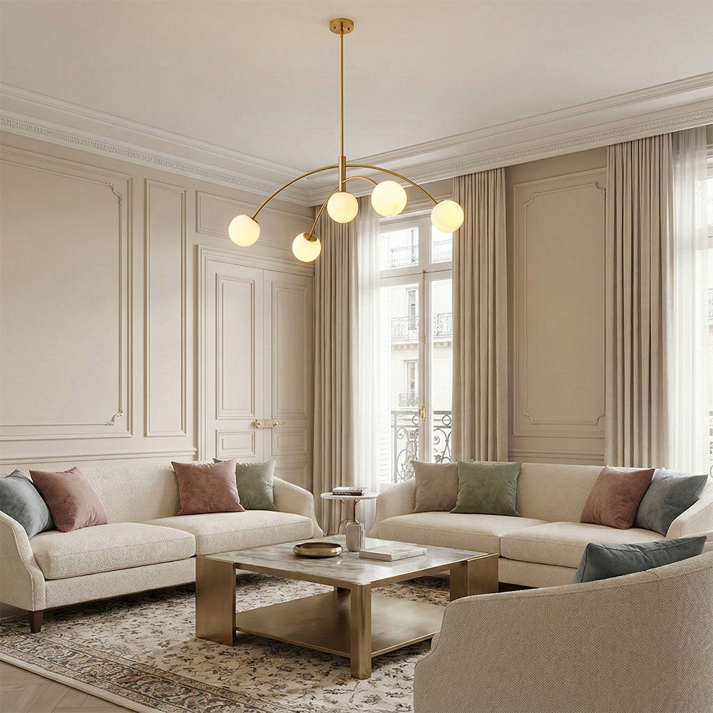 5-Light Artistic Arched Chandelier Statement Brass Metal Opal Glass Globes