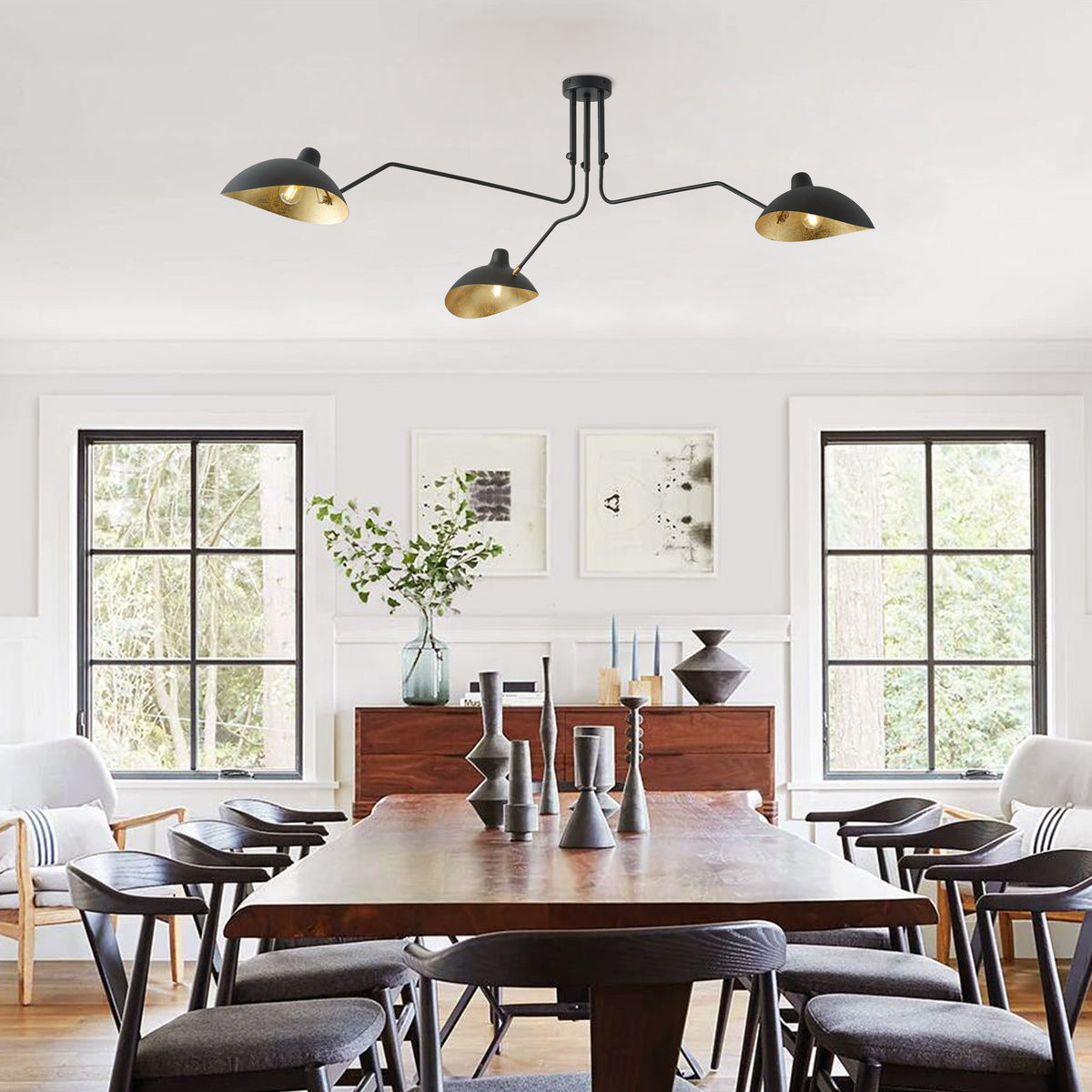 3-Lights Black Rounded Shade Semi-Flush Mount Lighting