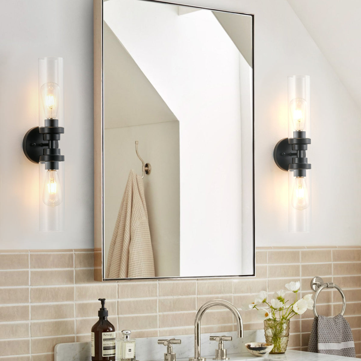 2-Light Clear Glass Cylindrical Shade Wall Sconces