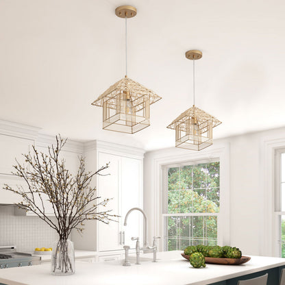 1-Light House Shape Lampshade Openwork Design Pendant Lighting