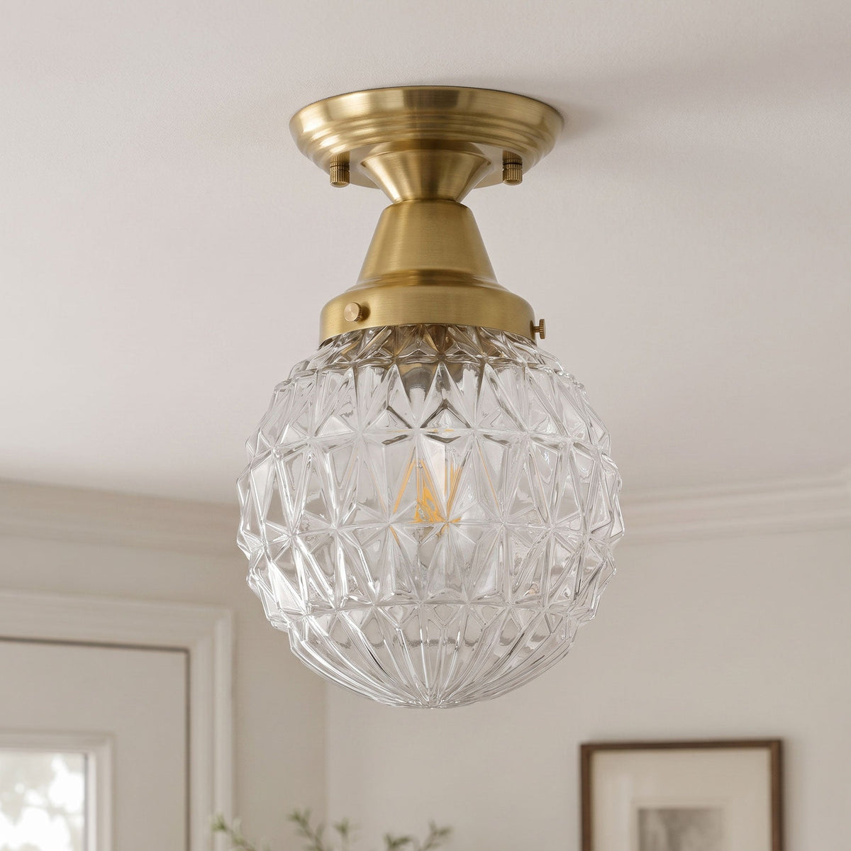 1-Light Clear Glass Semi Flush Ceiling Light for Entryway