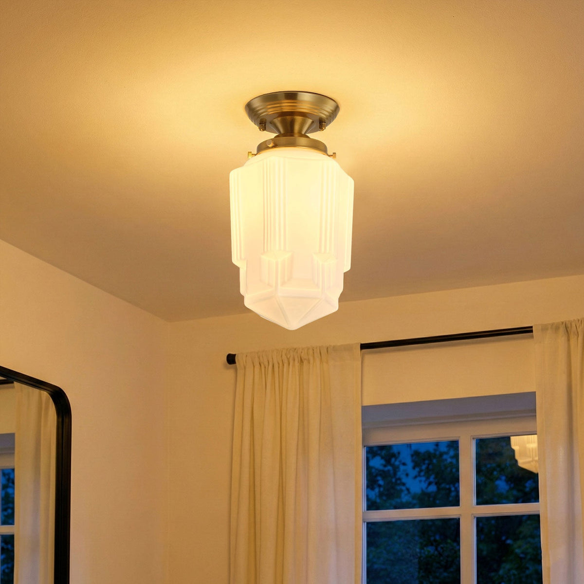 1 Light Semi Flush Mount Ceiling Light Opal Glass Brass