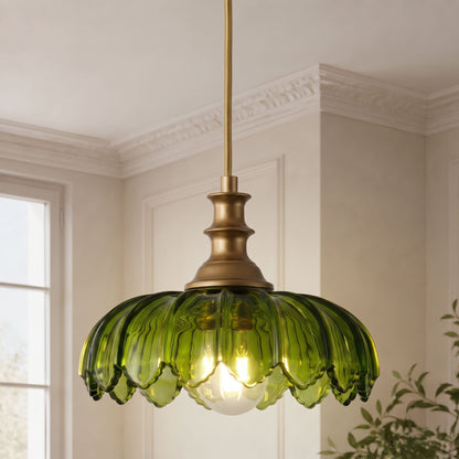 1-Light Amber/ Green/ Clear Vintage Petal Glass Pendant Light