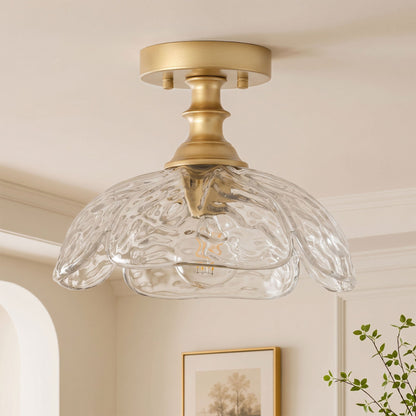 1-Light Gold Petal Glass Semi Flush Mount Light