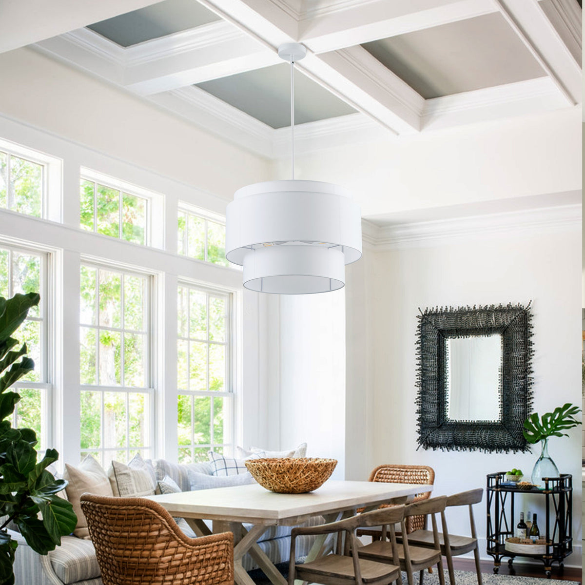 4-Light 21.65''  Oversize Three-Layer Fabric Column Shade Pendant Lighting