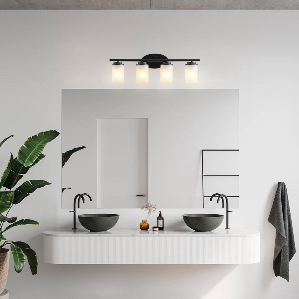 4-Light Vanity Light Over Mirror with White Cylinder Glass Shade