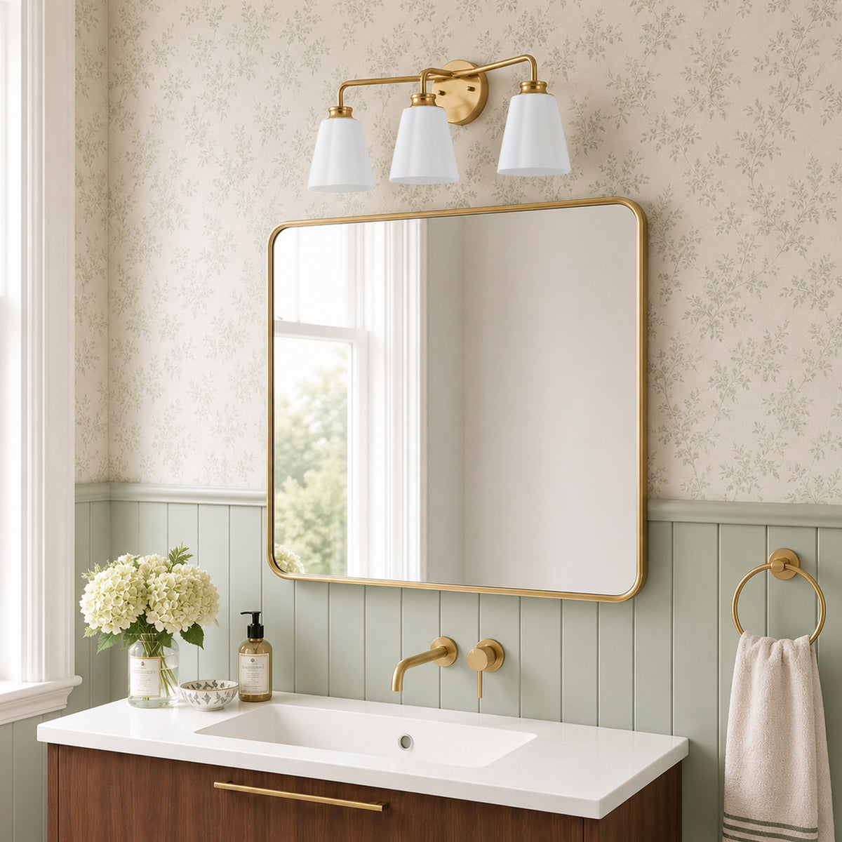3-Light Gold Opal Glass Bathroom Vanity Light